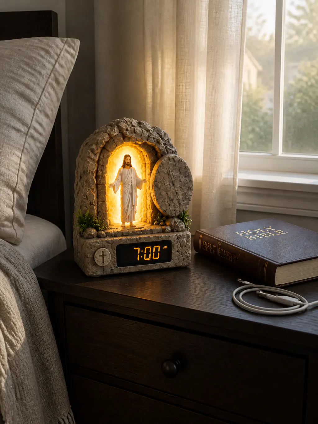 Illuminated resurrection tomb glowing on a nightstand at dawn