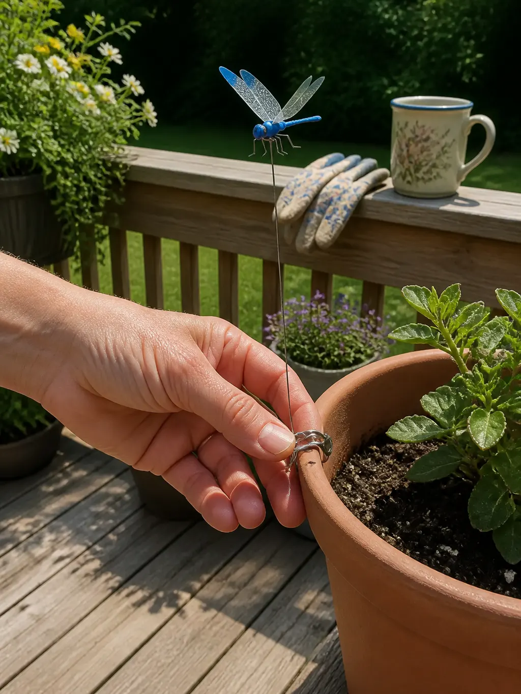 Hand clipping a DragonClip onto a plant pot rim