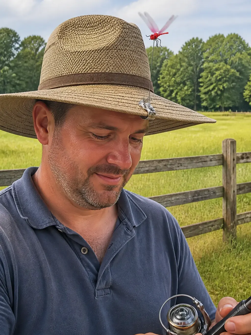 Dragonfly clipped to a hat brim against horseflies