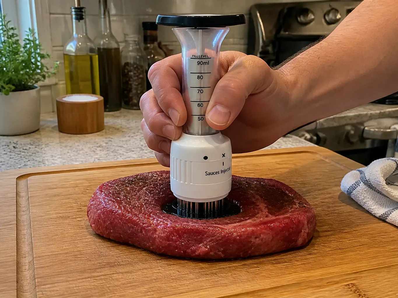 Needle head pressed down into the steak