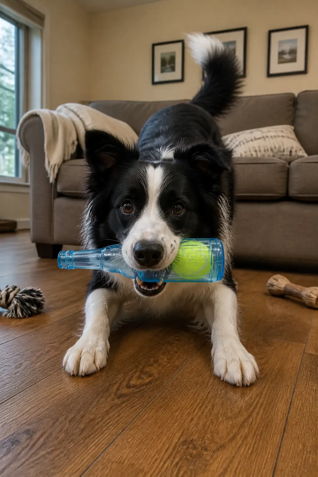 A happy playful dog carrying the bottle toy