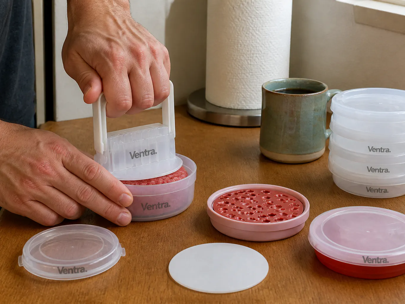 Pressing a ball of ground beef flat in the molding cup
