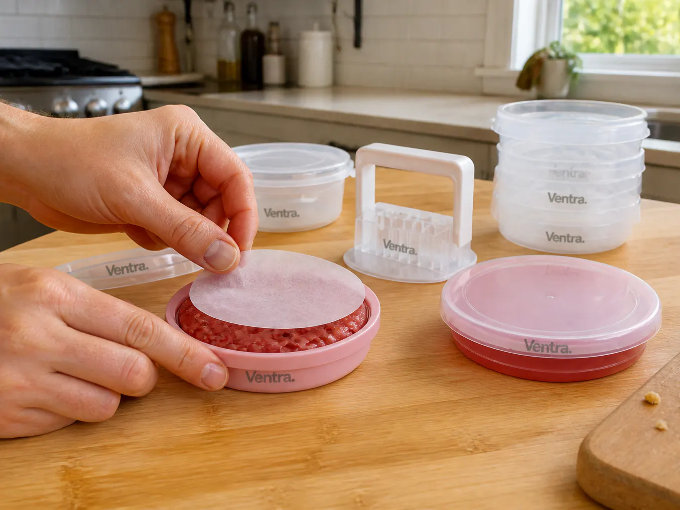 Lifting a pressed patty onto a reusable separator disc with a parchment round
