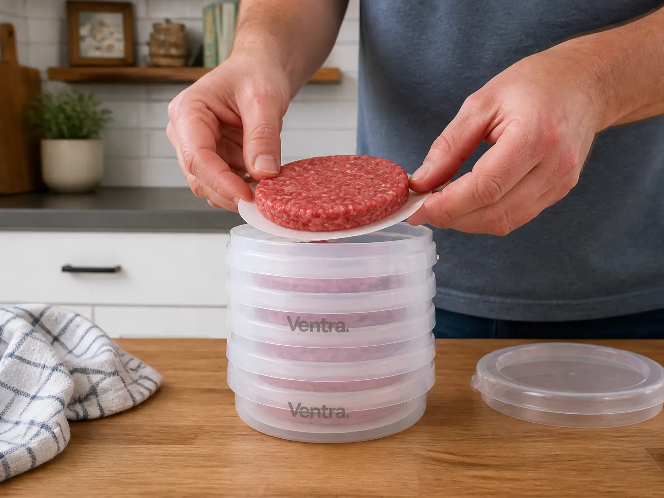 Six patties stacked with separator discs in the storage cylinder