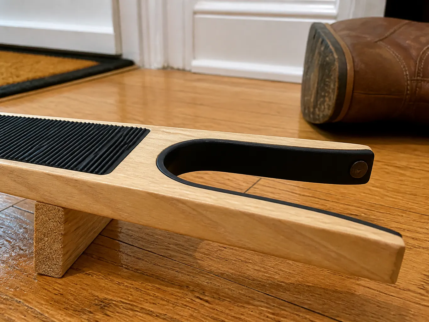 Close-up of the rubber-lined heel notch in the solid wood boot jack