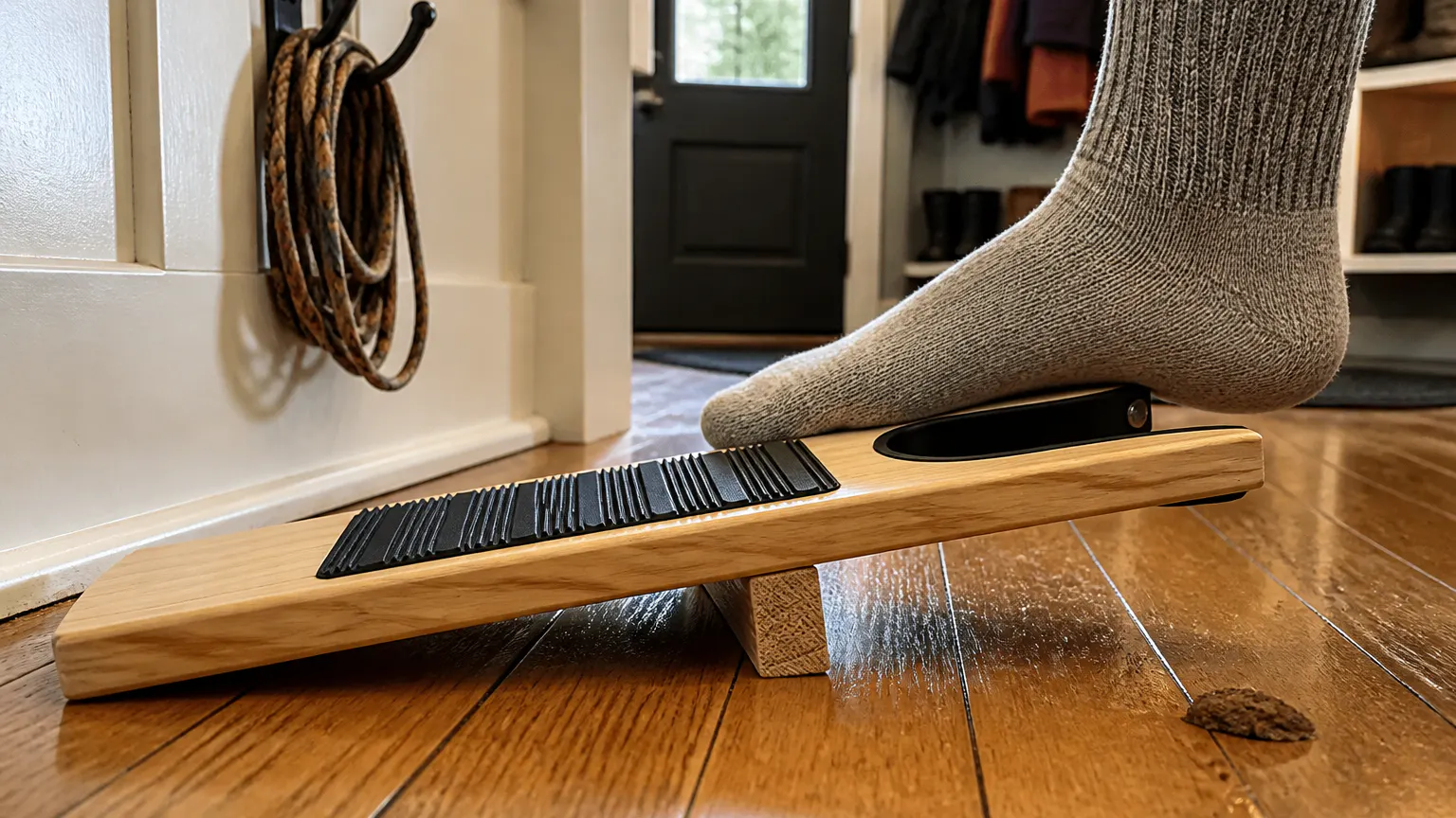 Matte black ribbed non-slip pad on the underside of the boot jack, on hardwood flooring