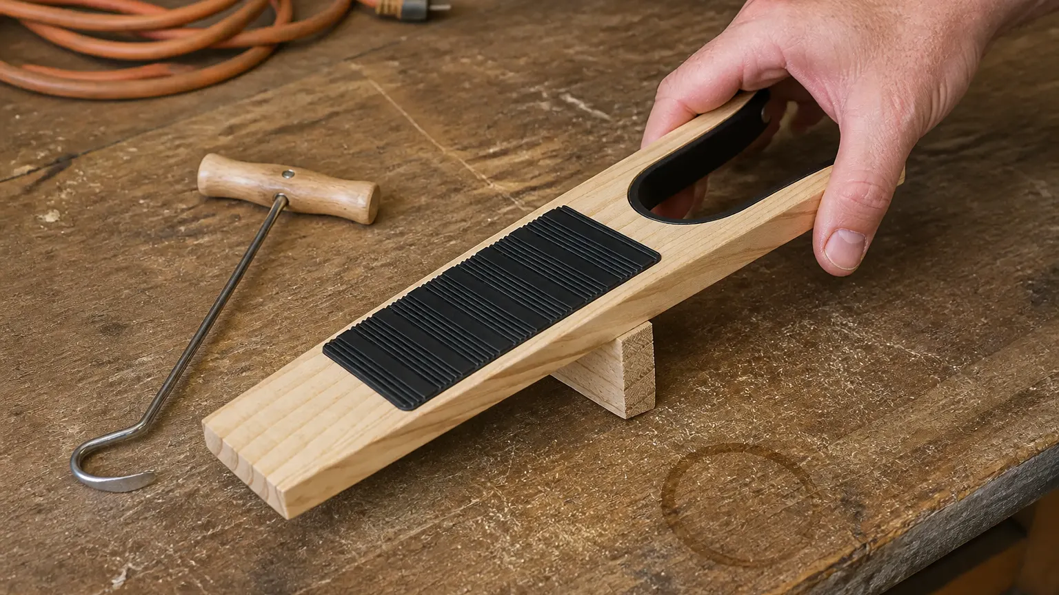 Solid one-piece wooden boot jack showing visible grain along the ramp