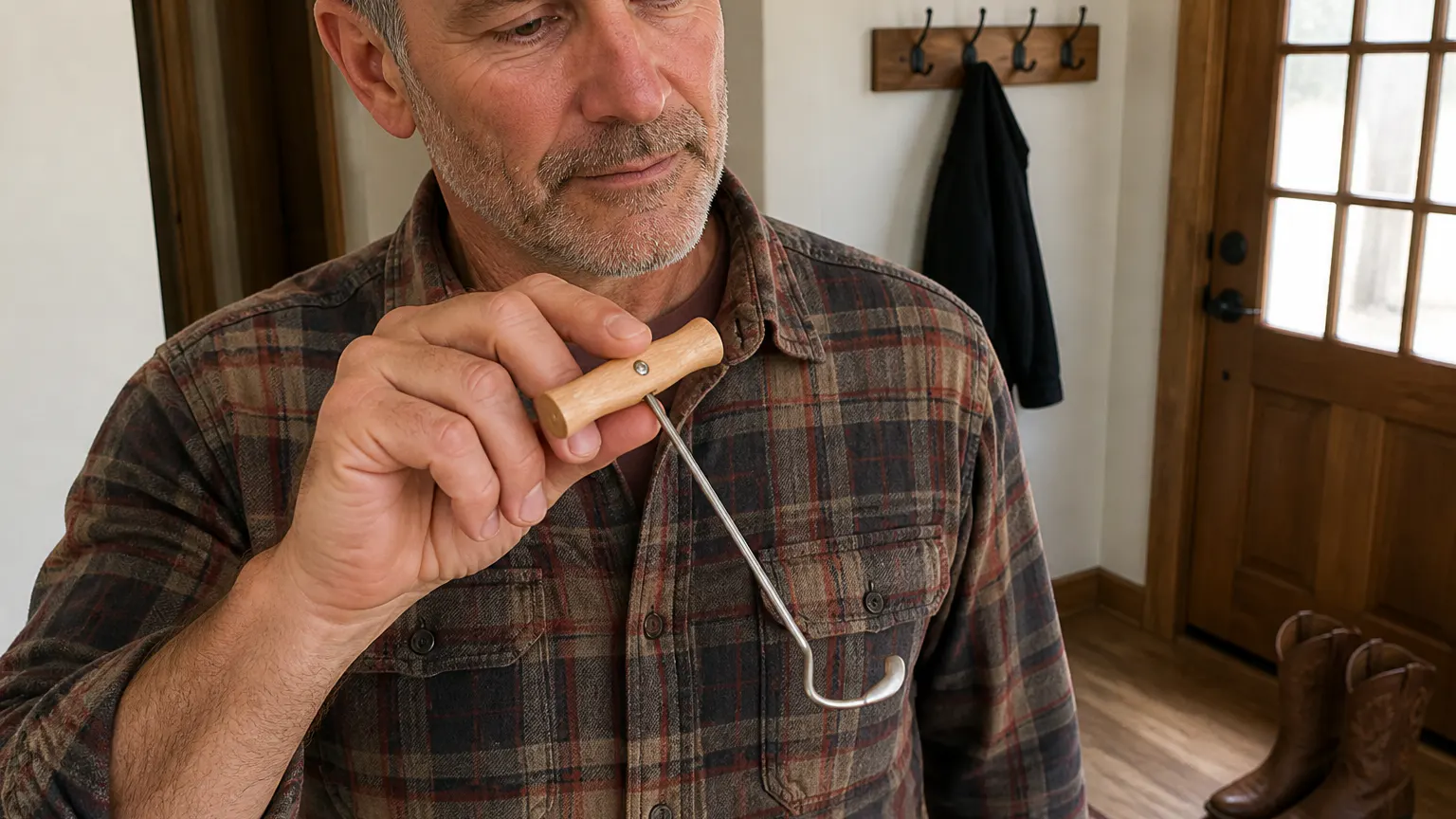 Steel T-handle boot hook included with the wooden boot jack