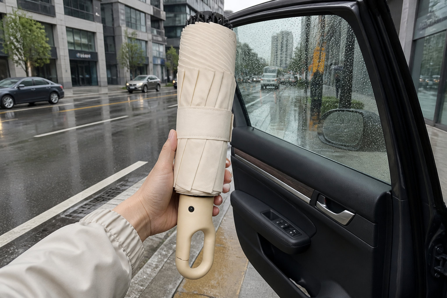 Wet side trapped inside the folded umbrella