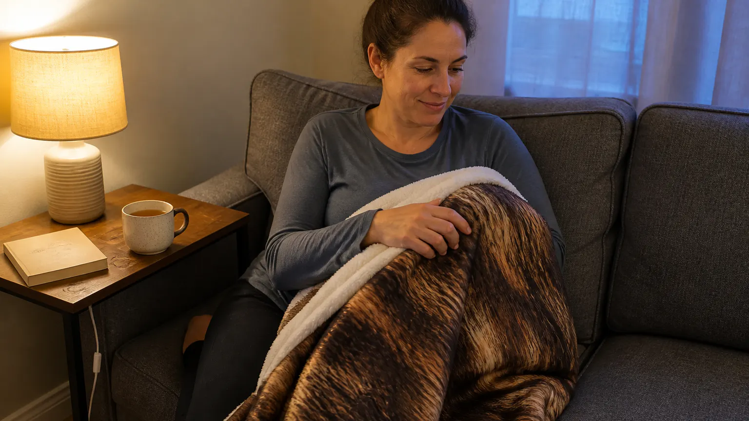 The throw settled across a person's lap on the living room sofa in the evening