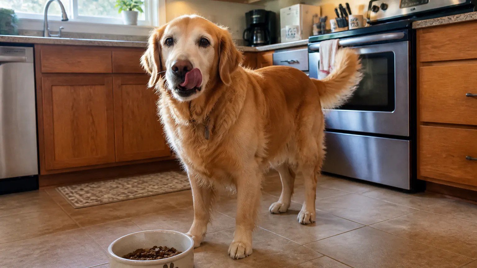 A calm, healthy senior dog resting at home after his daily bowl