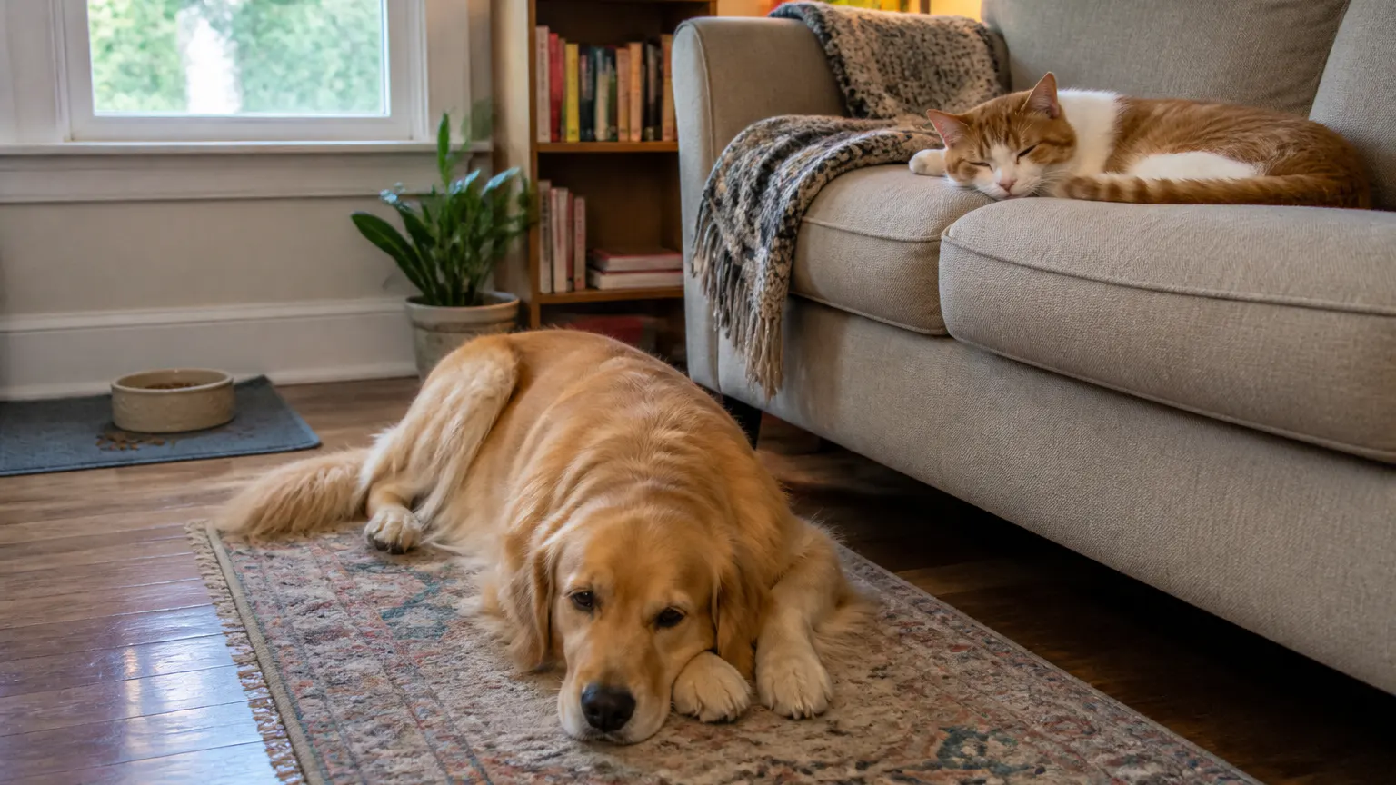A calm, protected pet resting at home