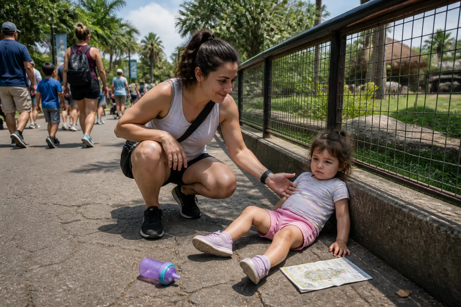 A parent carrying a tired toddler on one hip mid-outing