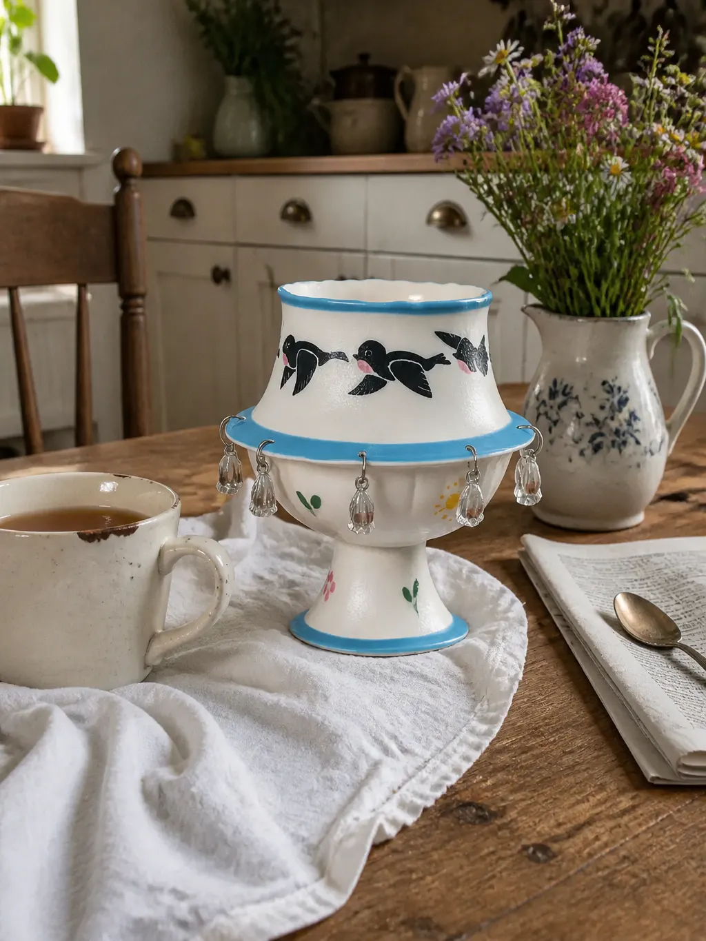The cup on a cottage dining table in morning light with teacups and stems