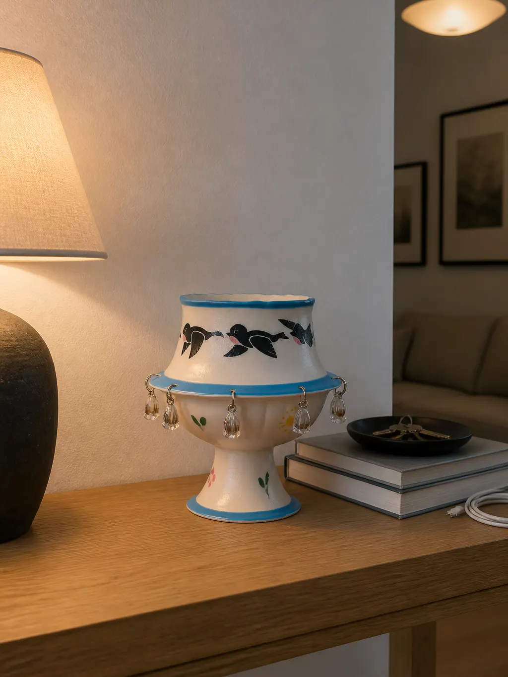 The cup alone on a spare modern console under evening lamp light