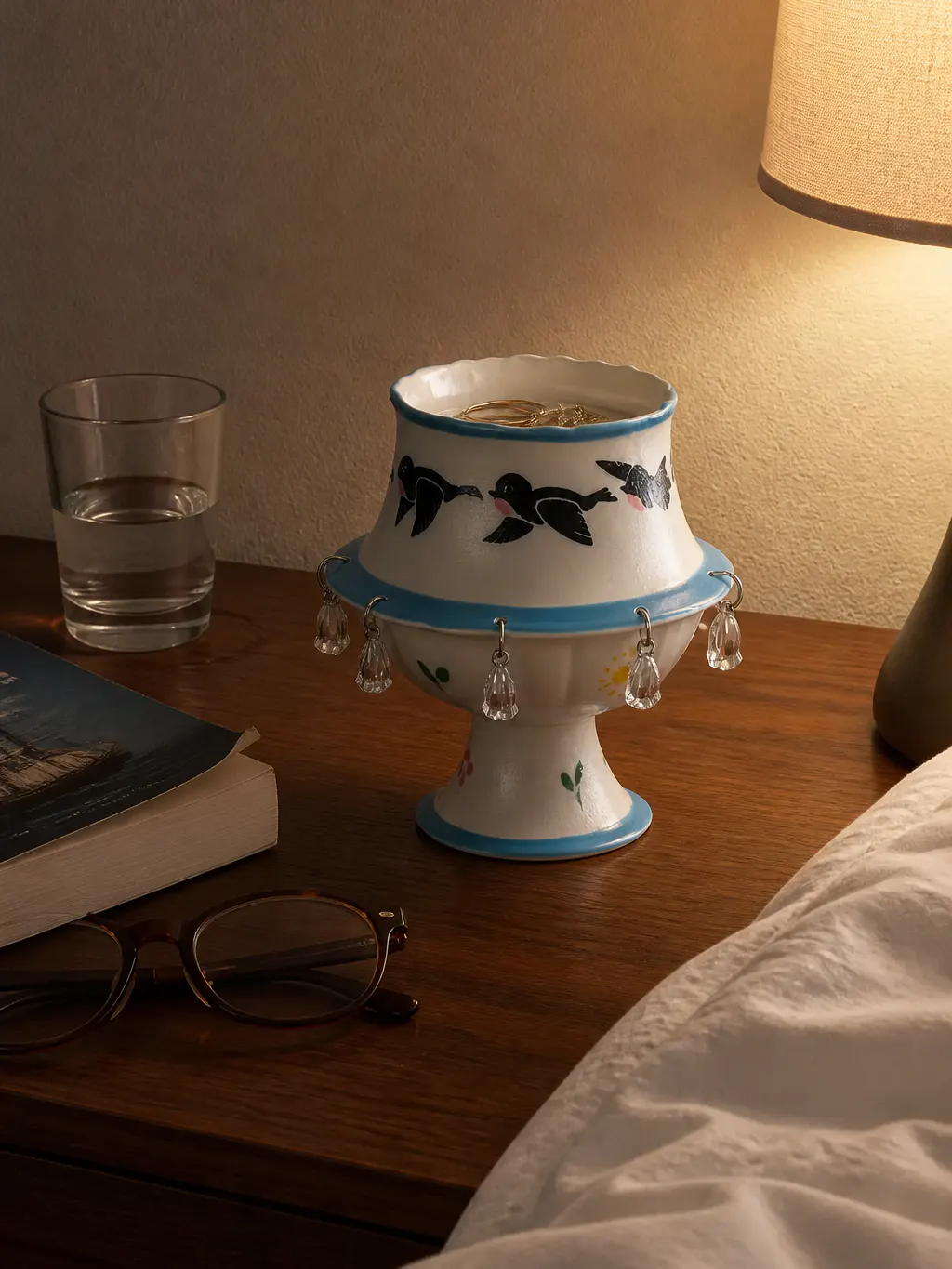 The cup on a bedside nightstand at night with rings in the bowl