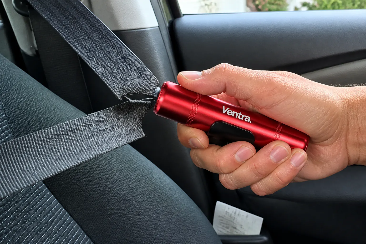 Cutting a taut seatbelt with the recessed blade