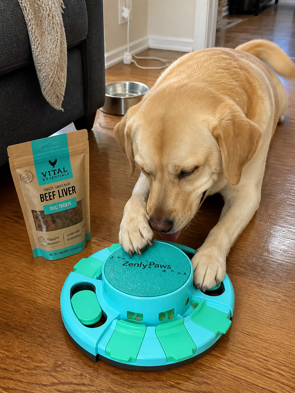 A large dog confidently using the anchored ScratchPaw board on the floor