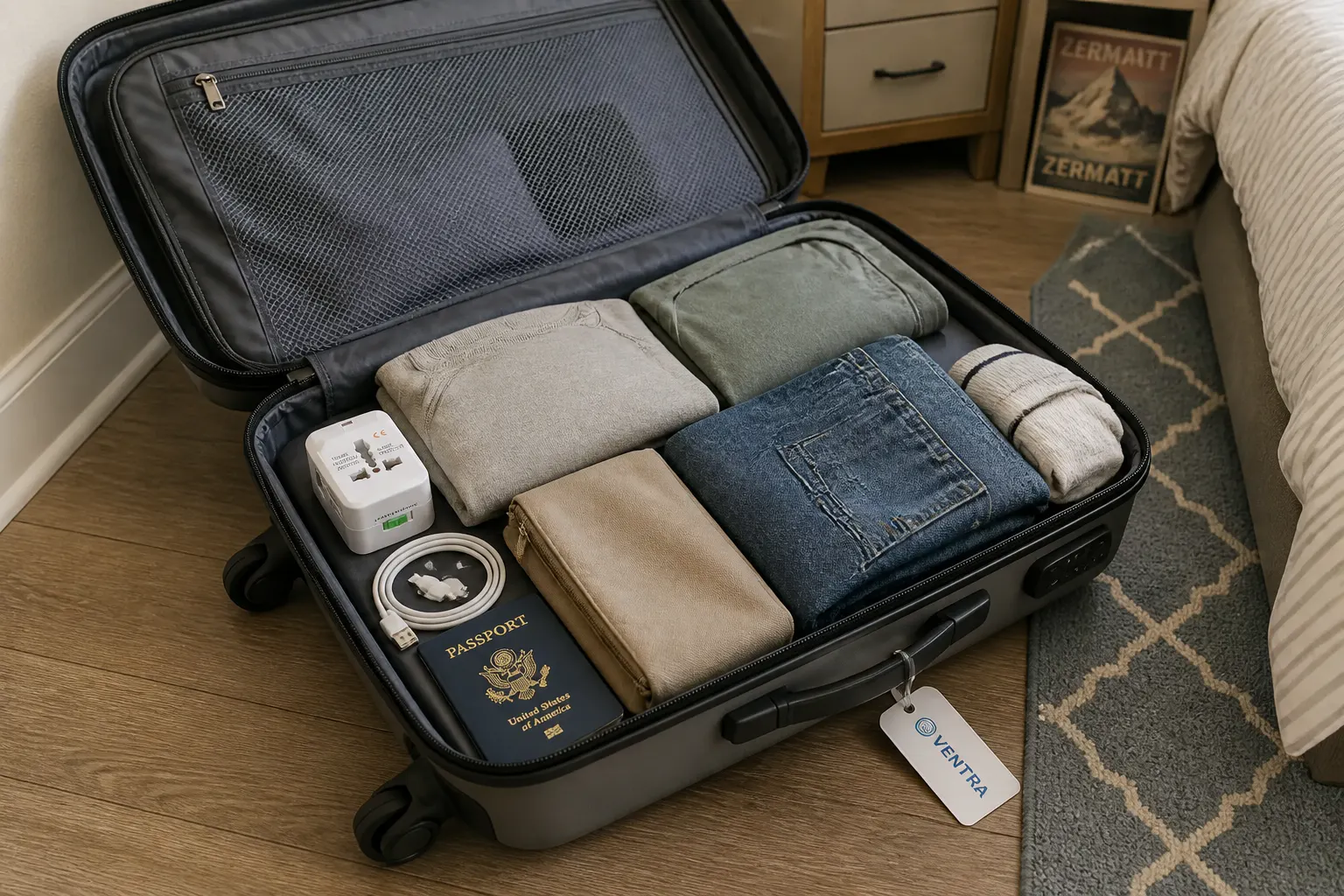 Ventra adapter next to a passport in a packed carry-on