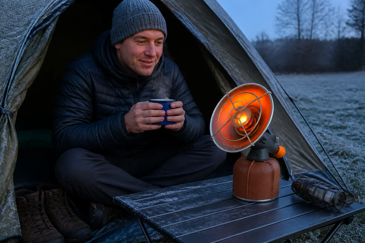A carp angler's bivvy lit amber by the heater on a long night session