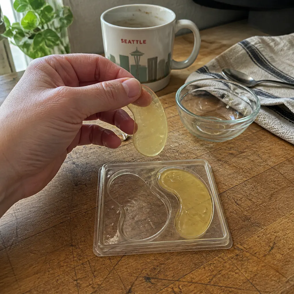 A finger lifting a set gel eye patch out of the clear crescent tray