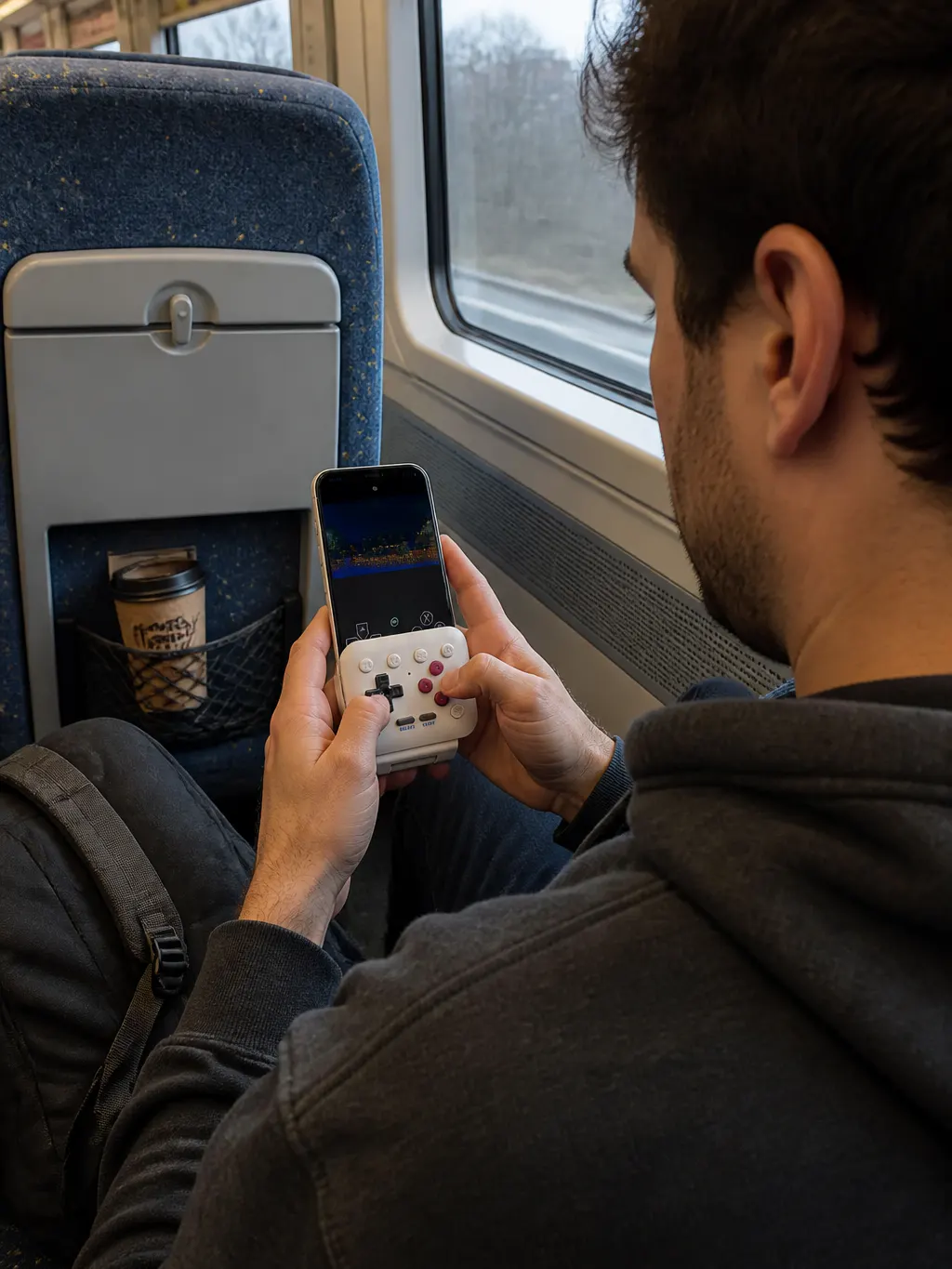 Phone held vertically in two hands with the controller flipped down below the screen