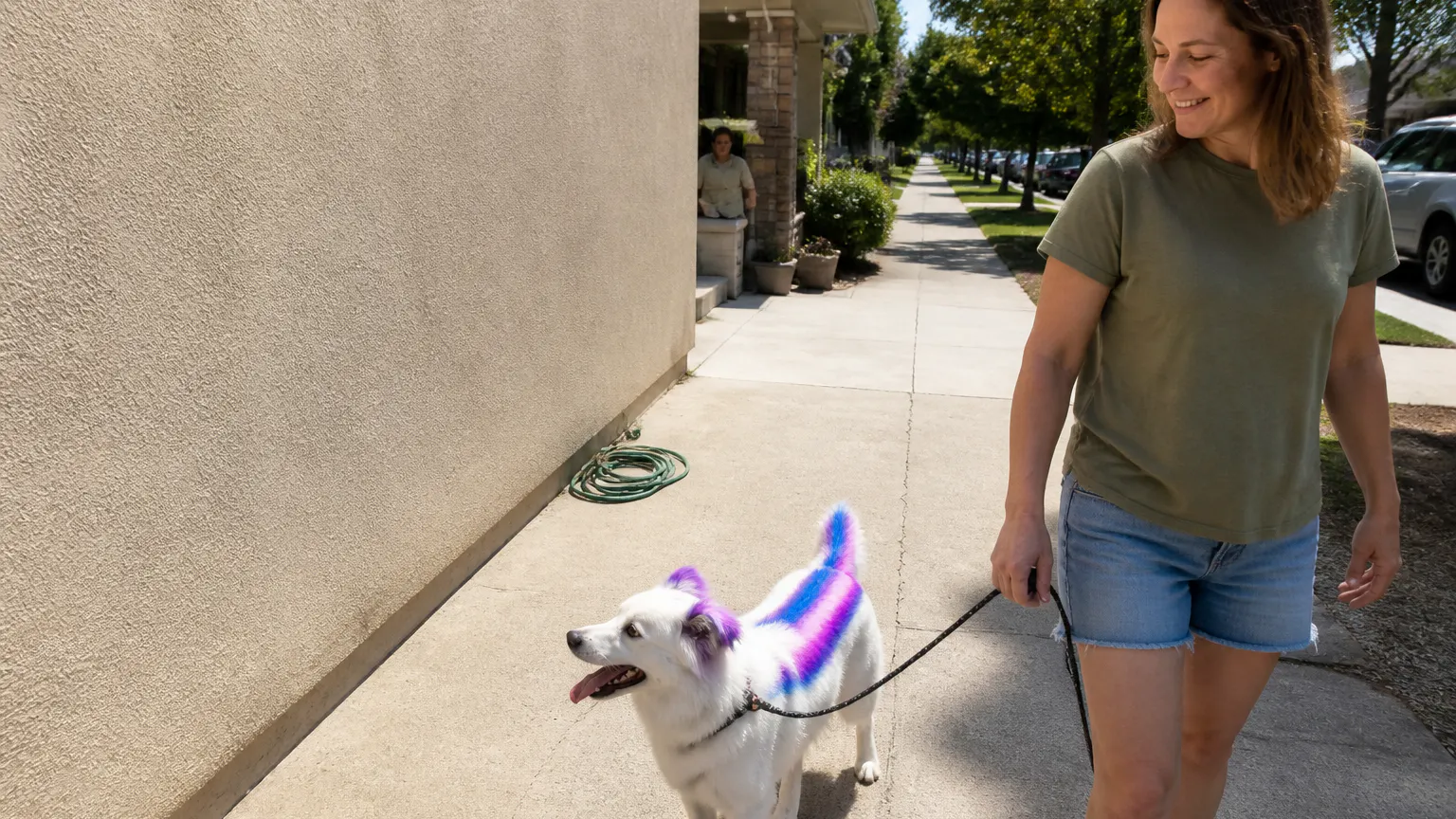 A stranger crouching to pet a brightly colored dog on a neighborhood walk
