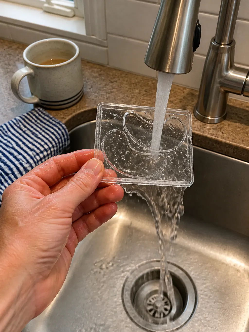 The clear tray being rinsed under a tap and wiped dry on a clean cloth