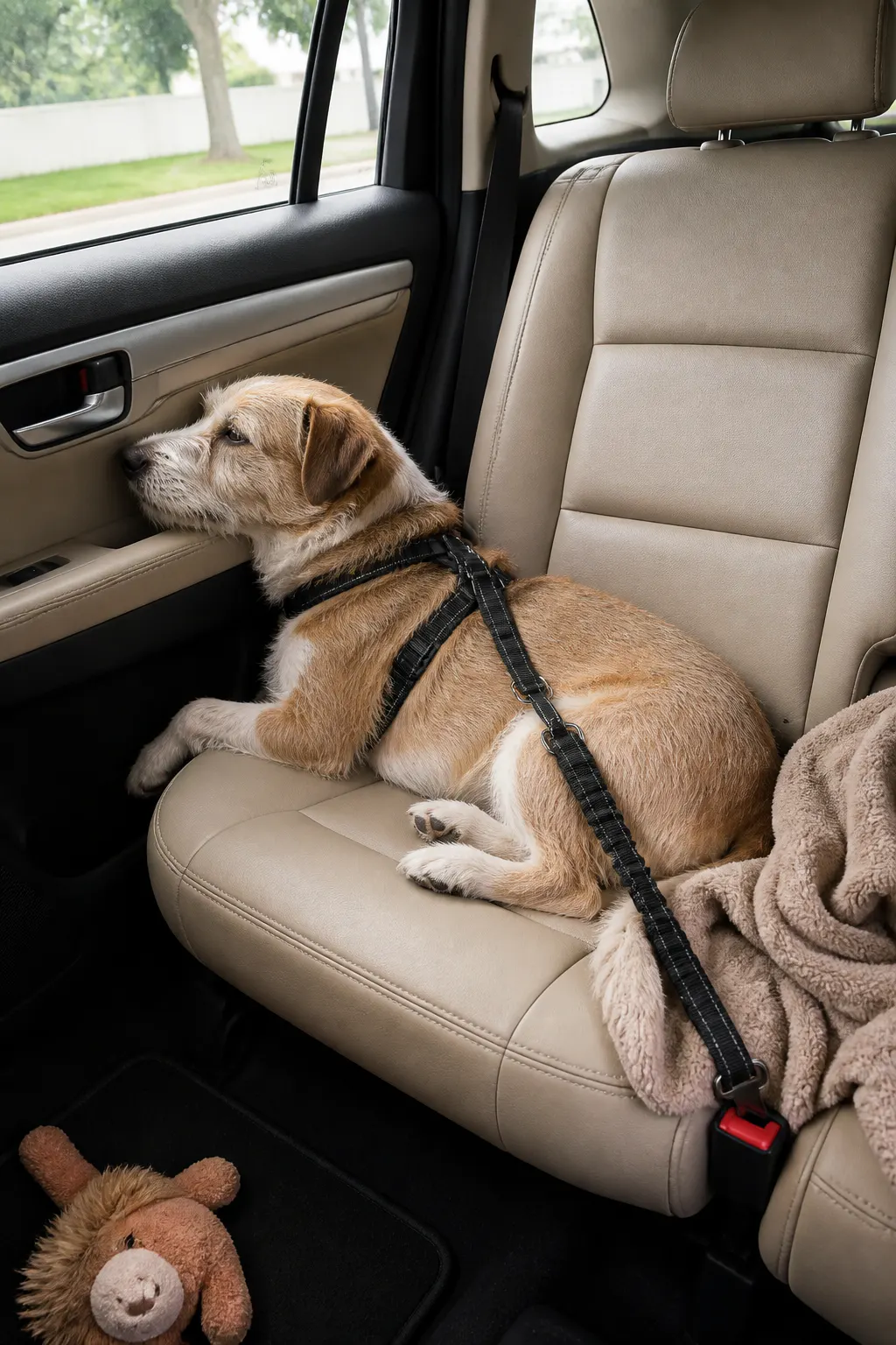 Same dog clipped in and lying calm at the window