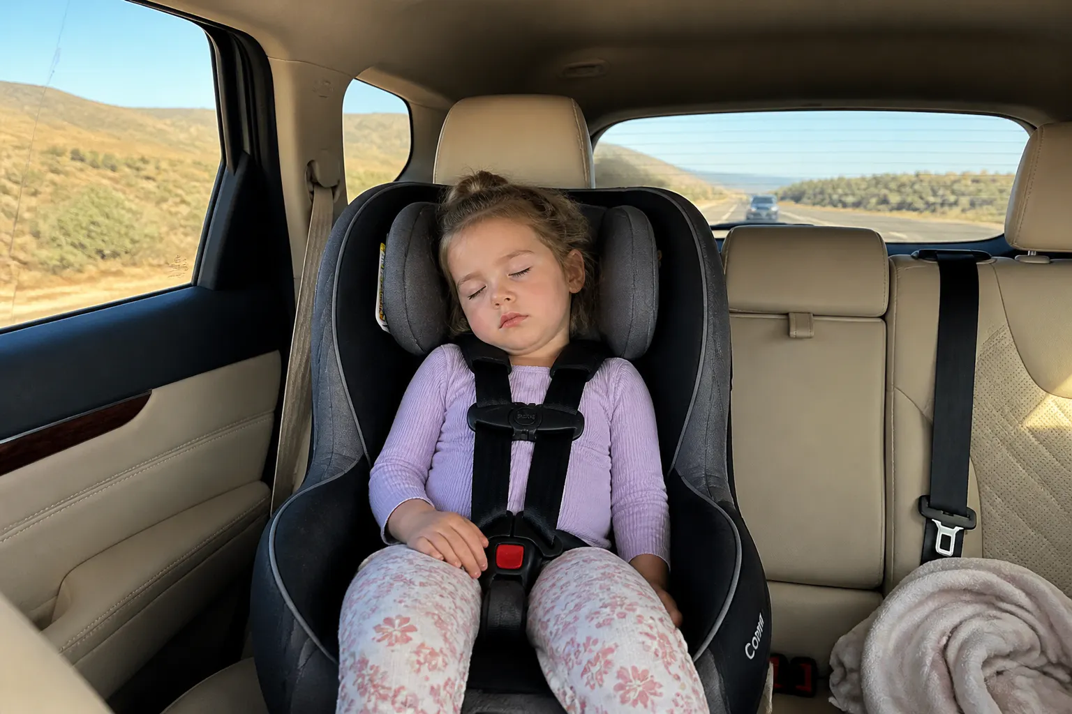 Child sleeping peacefully with head cradled on a road trip