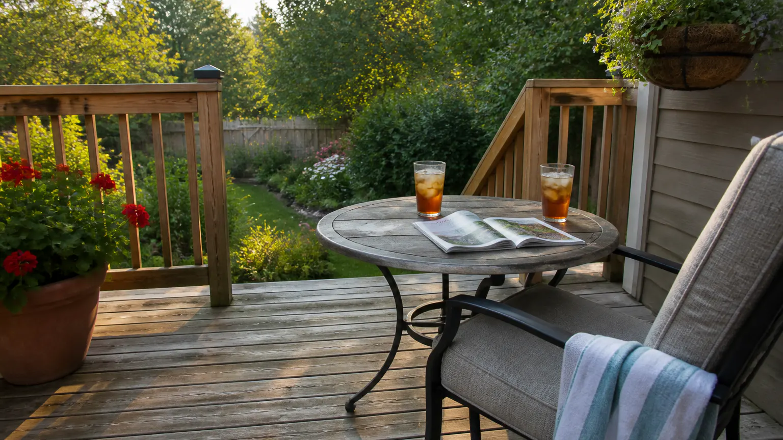A calm, sunlit deck and garden with dragonflies bobbing, wasp-free