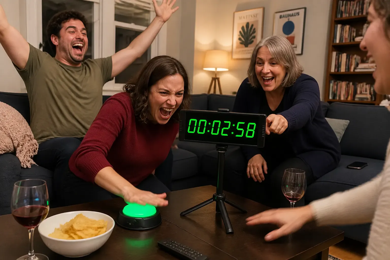 Group slamming the arcade button as the LED flashes a near-miss time