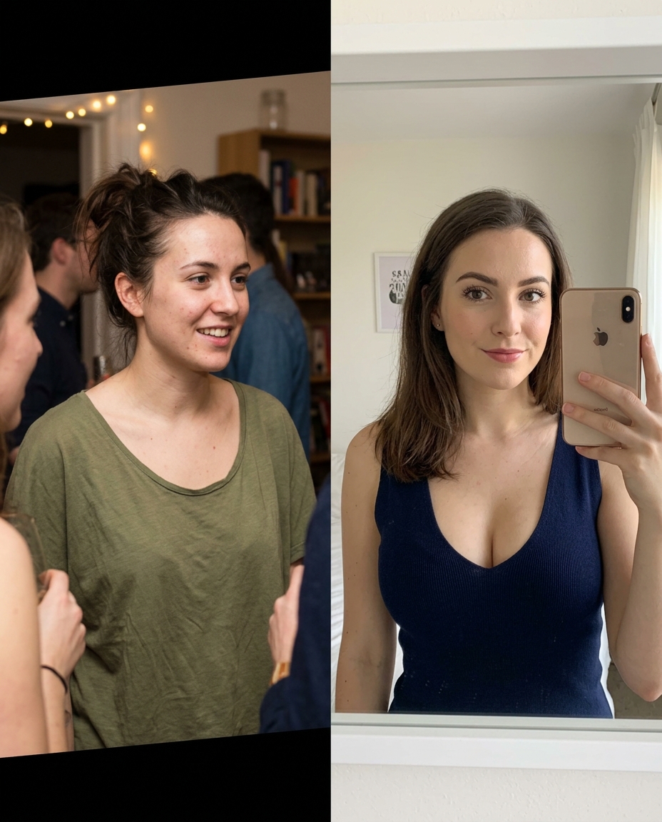 Before and after: flat strapless look versus lifted cleavage with the Ventra bra