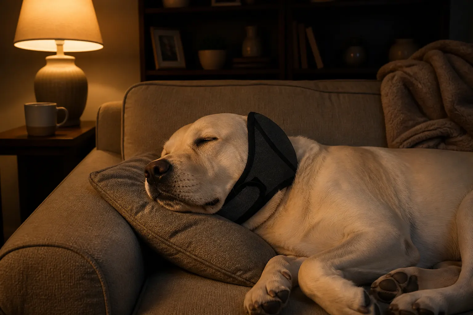 Dog resting calmly in the ear muffs
