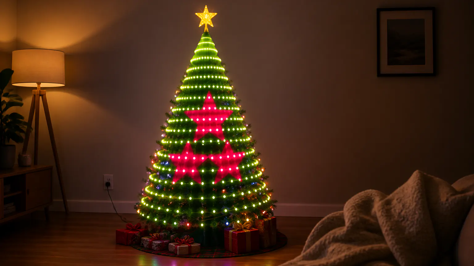 The Christmas tree fully lit at night, glowing in its signature pattern