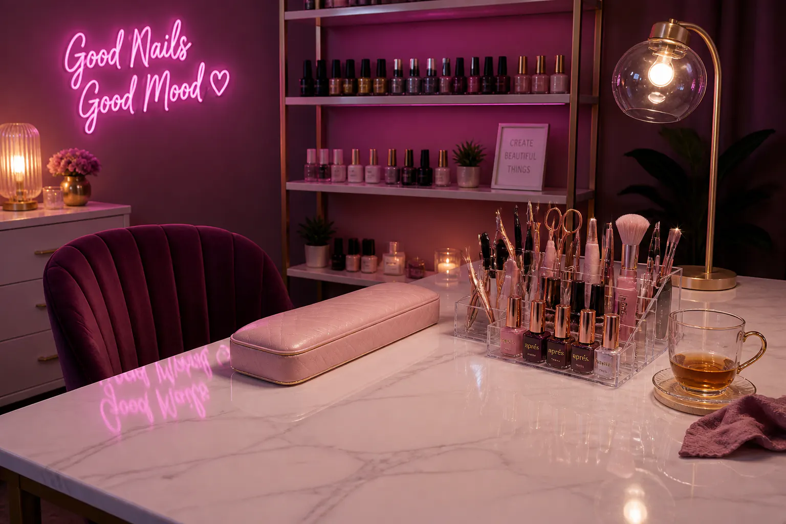 A spotless pink nail station with a flawless finished set