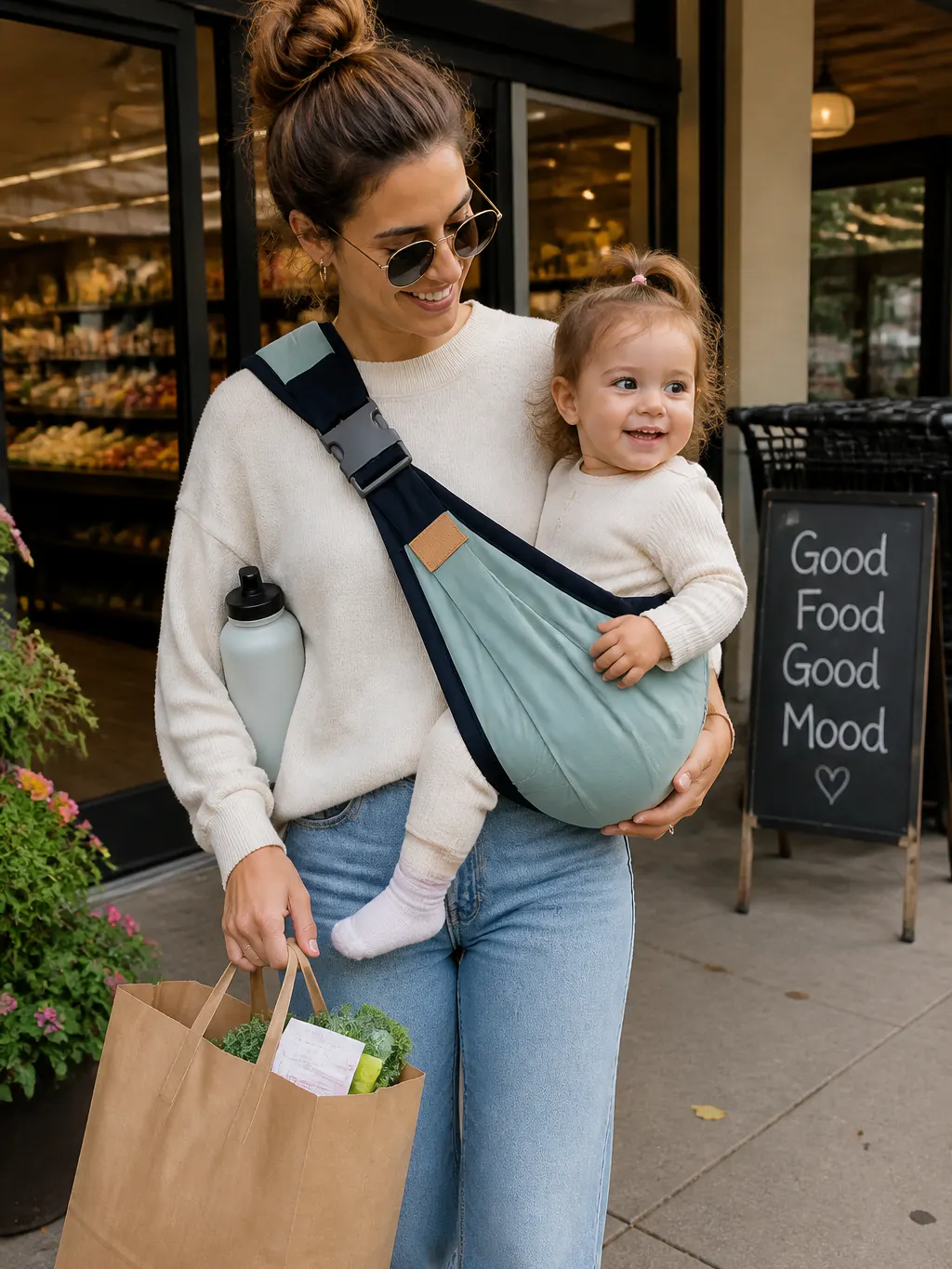 Toddler seated secure in the TotLift hip sling at a parent's hip mid-errand