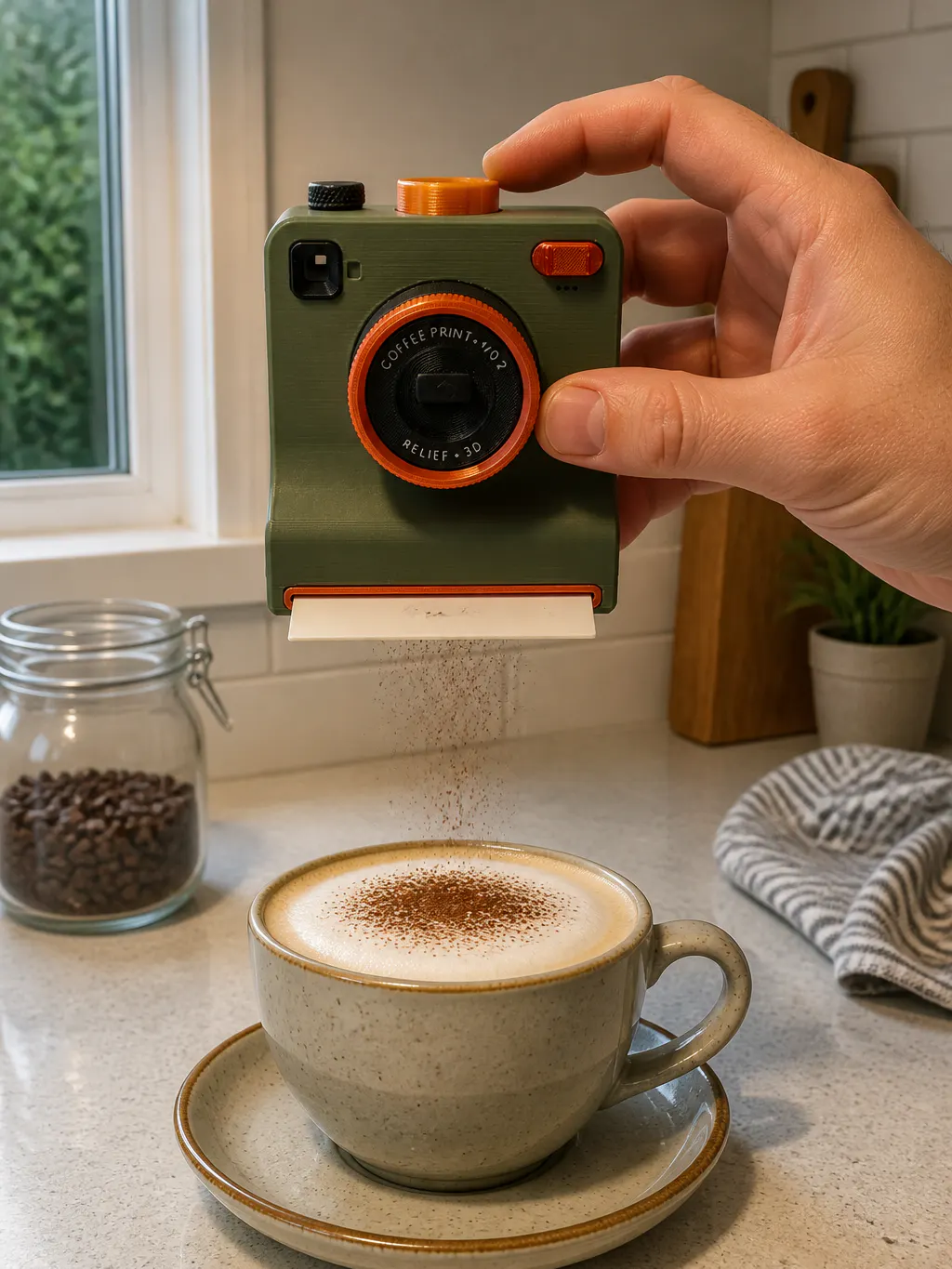 Side-angle macro showing the air gap between the camera and the foam, cocoa falling through