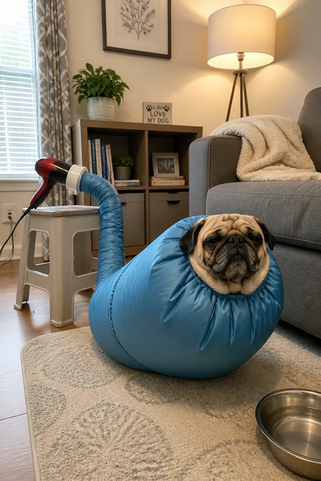 Calm dog with its head fully out of the bag in open air, breathing freely