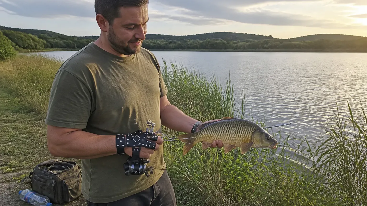 Shooter at the water's edge with a rough fish on the barbed arrow