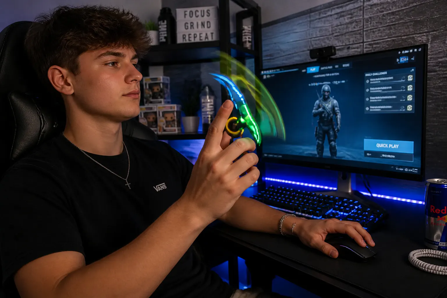 Gamer fidgeting with the claw at their desk while queuing