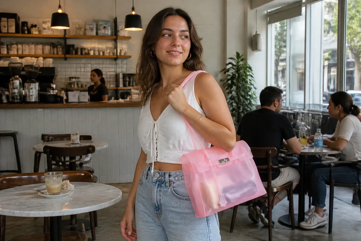 Woman carrying the translucent jelly Birkin at brunch
