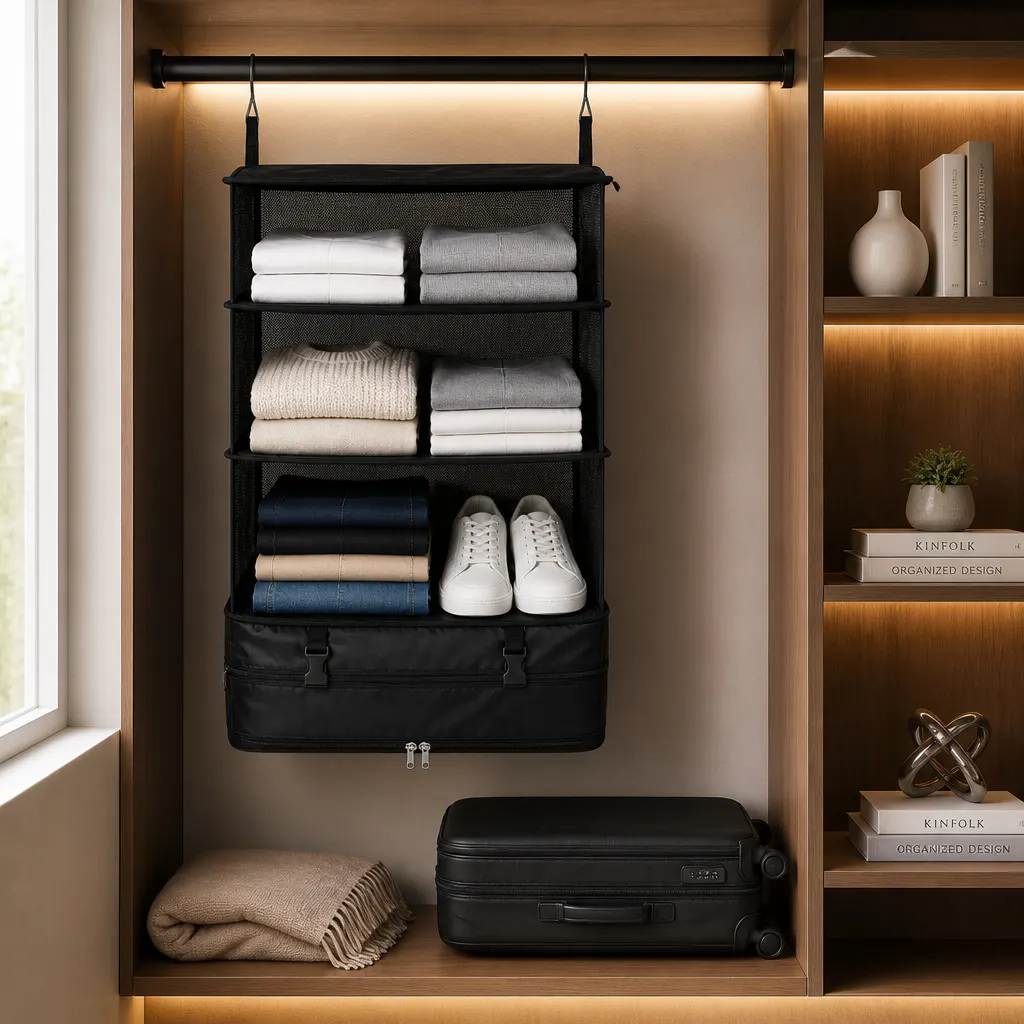 The same hotel room from the start, now with the organizer hung, shelves visible, and the suitcase closed on the rack