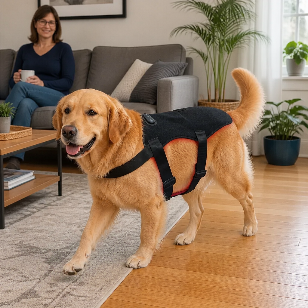 Senior dog resting comfortably wearing the Ventra light therapy vest