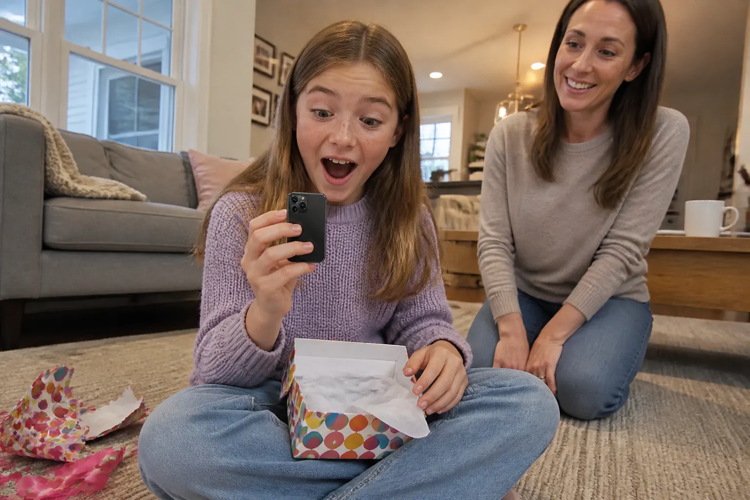 A child unwrapping the tiny Ventra phone, joyful reaction