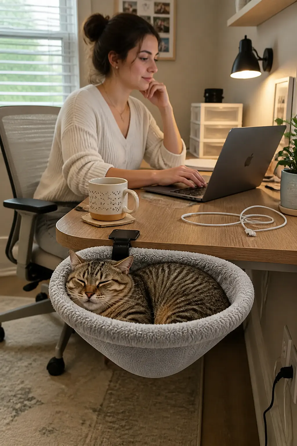 A cat settled comfortably into the DeskNest at the desk edge