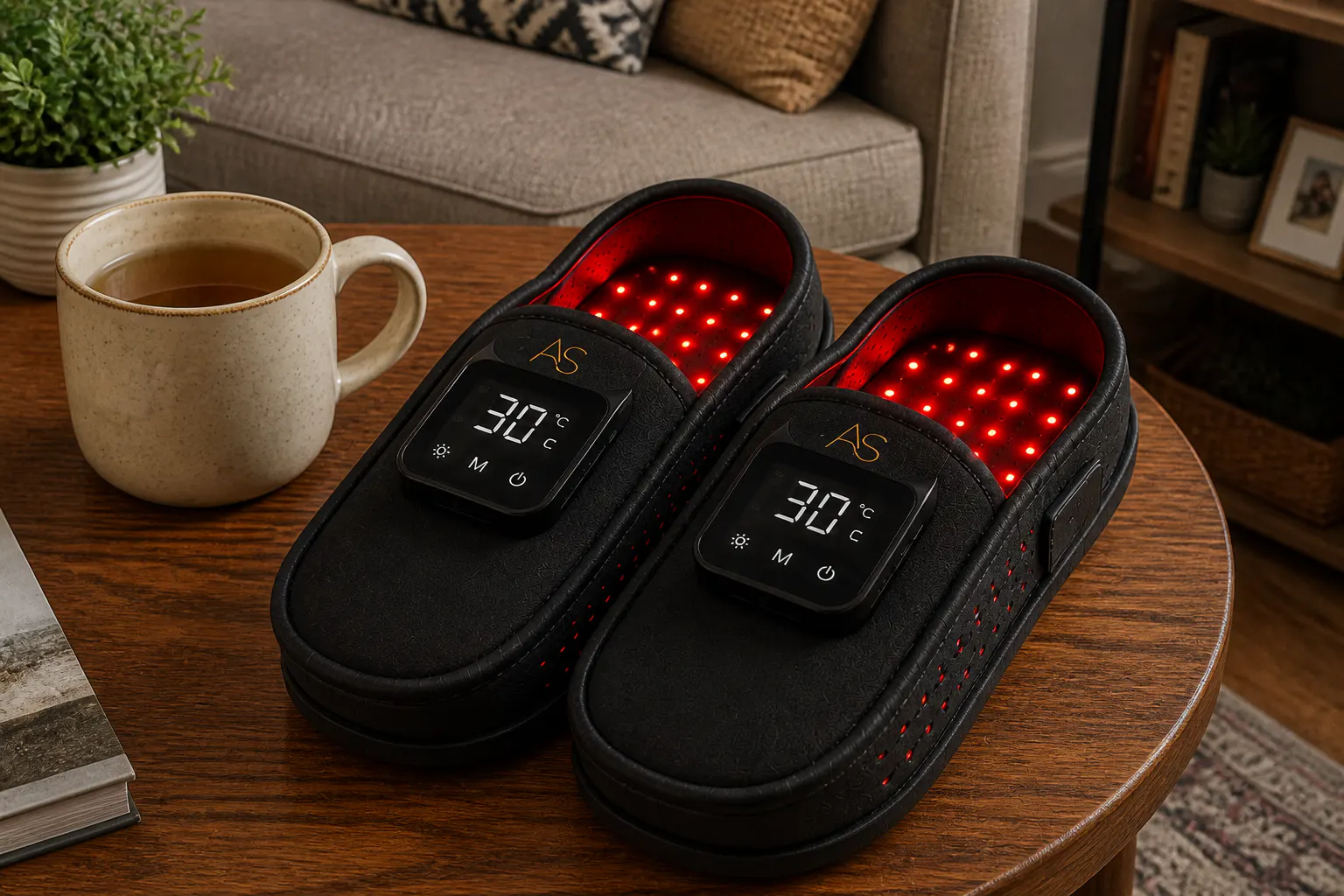 Red LED array glowing inside the slipper footbed