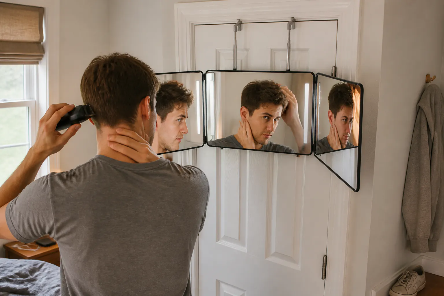Seeing the back of your own head in the lit trifold mirror while cutting