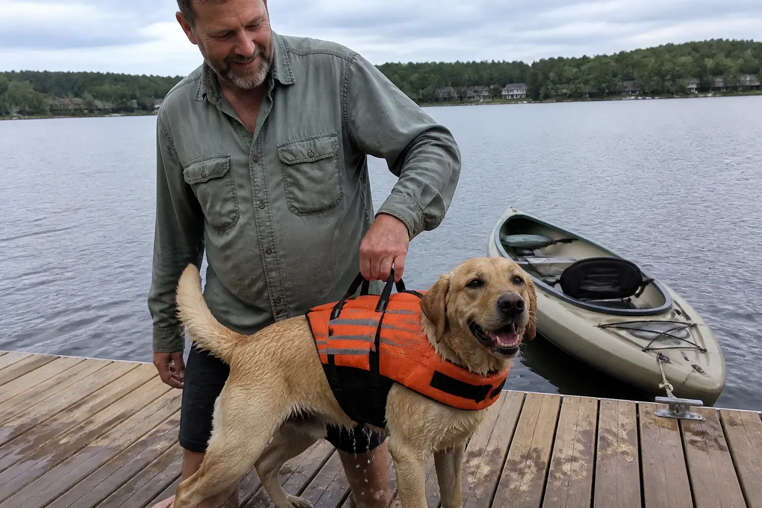 Customer photo of dog wearing the Ventra life jacket