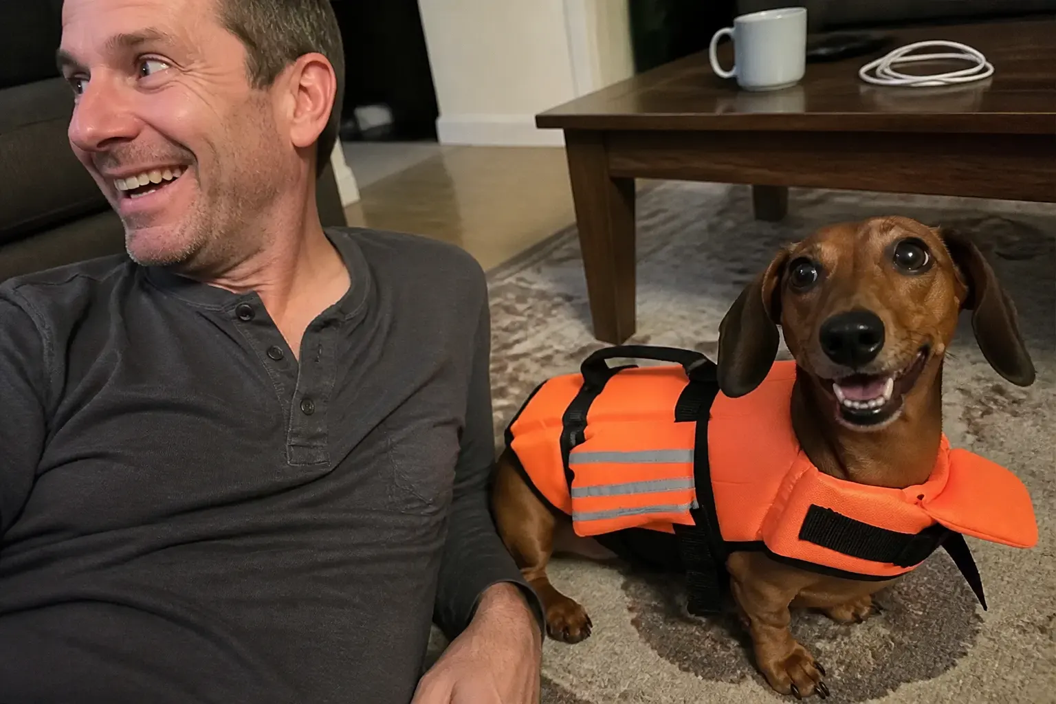 Customer photo of dog wearing the Ventra life jacket